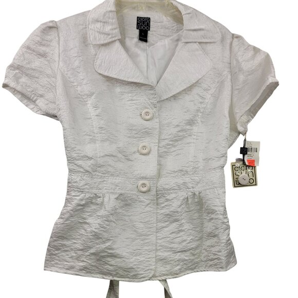 Clara Sun Woo Womens White Short Sleeve Button-Up Blouse L New w/Tags - Picture 1 of 11